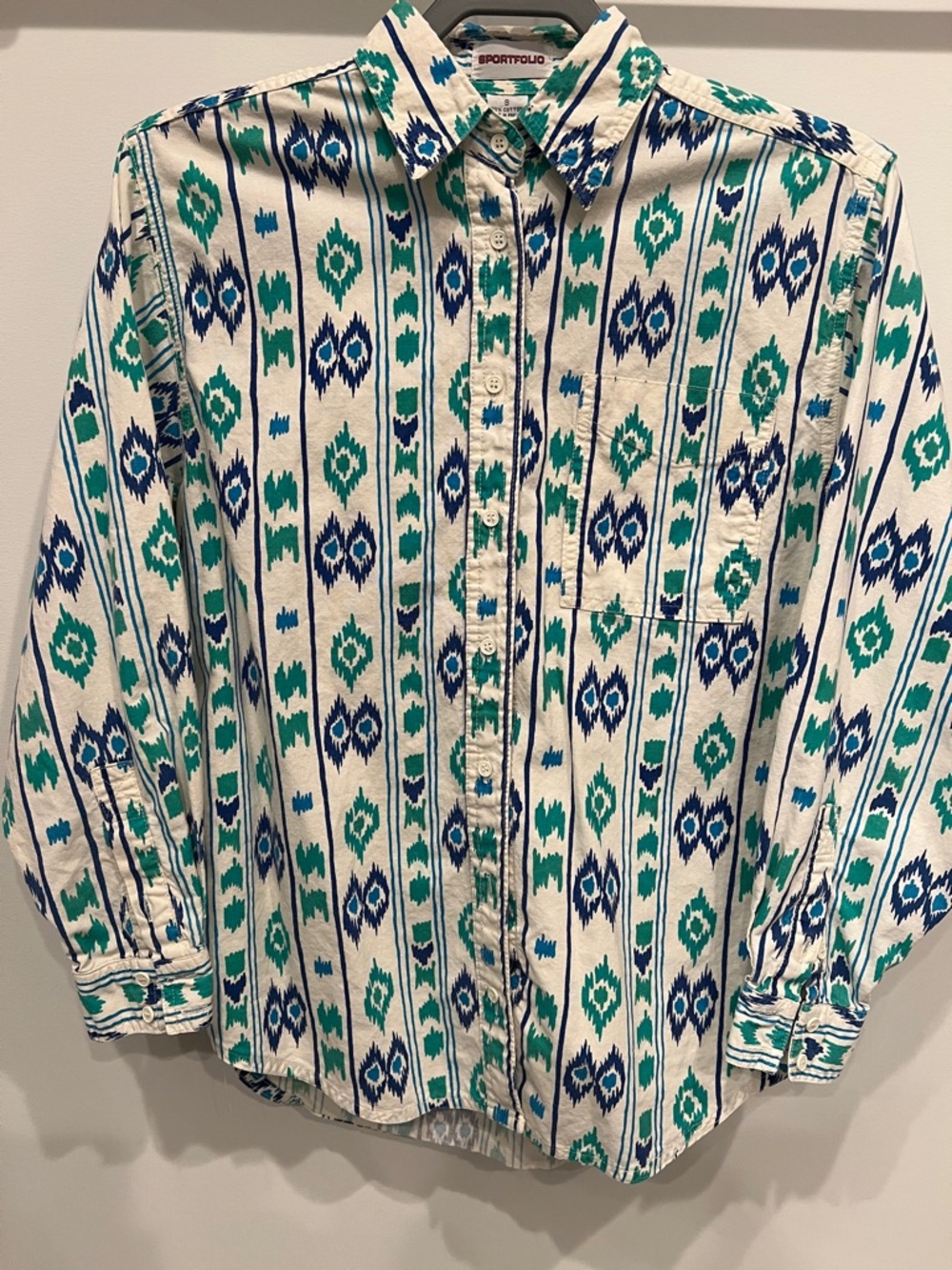 Vintage Southwestern Button-Up Shirt in Teal & Navy Ikat Print Small - Picture 2 of 6